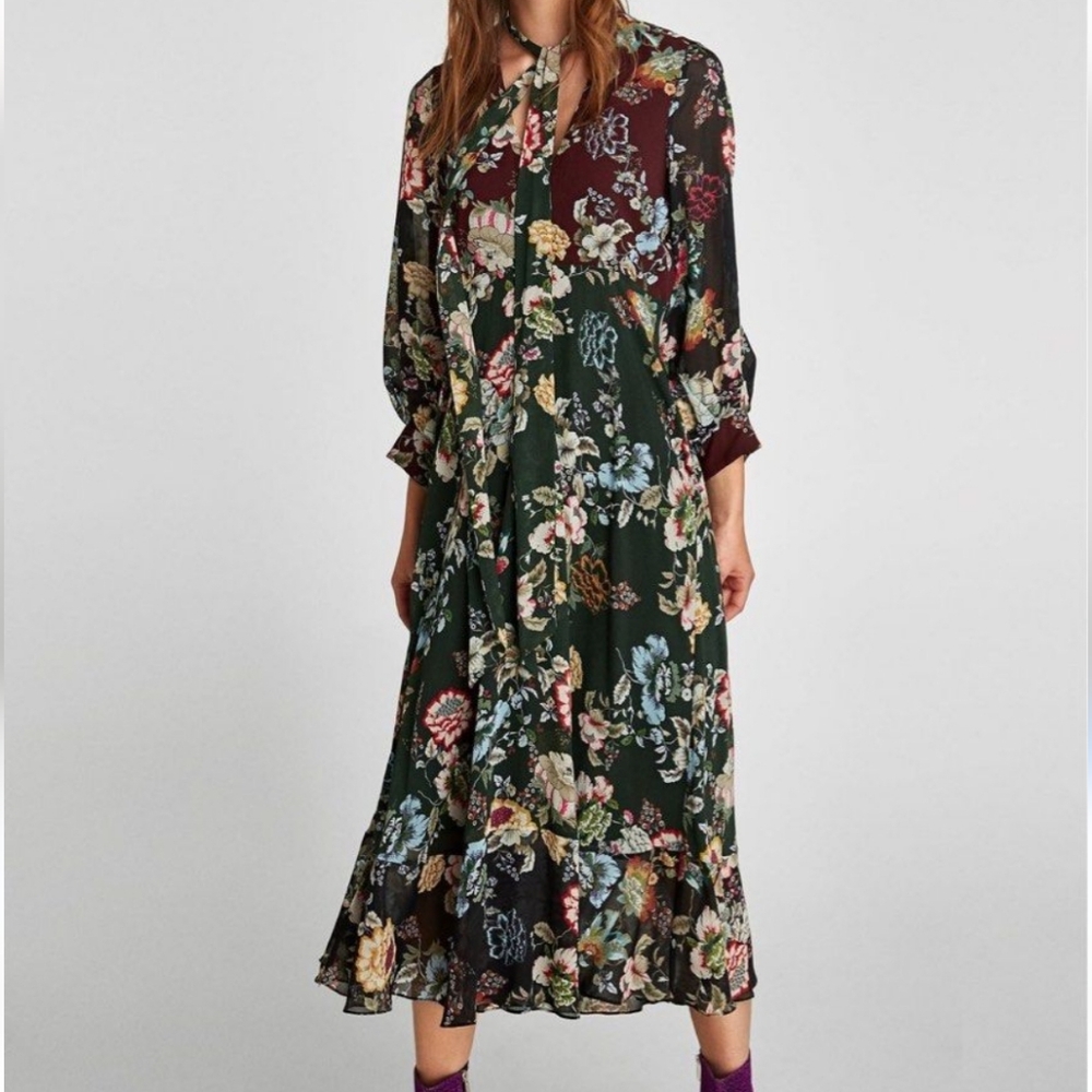 Zara Emerald Green & Burgundy Floral Chiffon Tie Neck Midi Dress